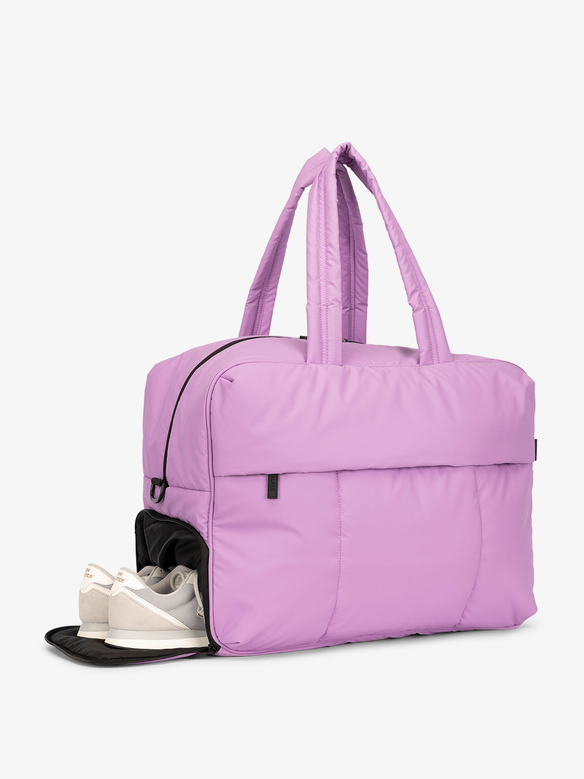 CALPAK Luka large duffel bag with side shoe compartment and dual handles in light purple lilac; DLL2201-LILAC