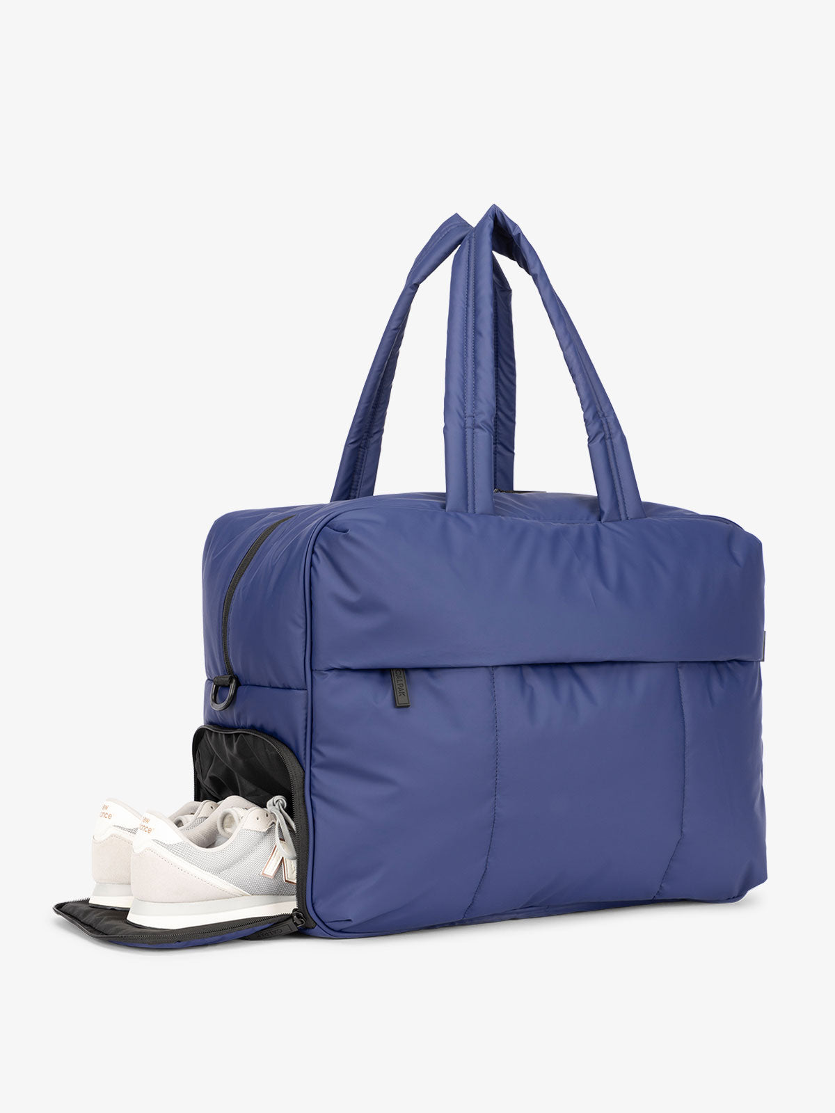 CALPAK Luka large duffel bag with side shoe compartment and dual handles in dark navy blue; DLL2201-NAVY
