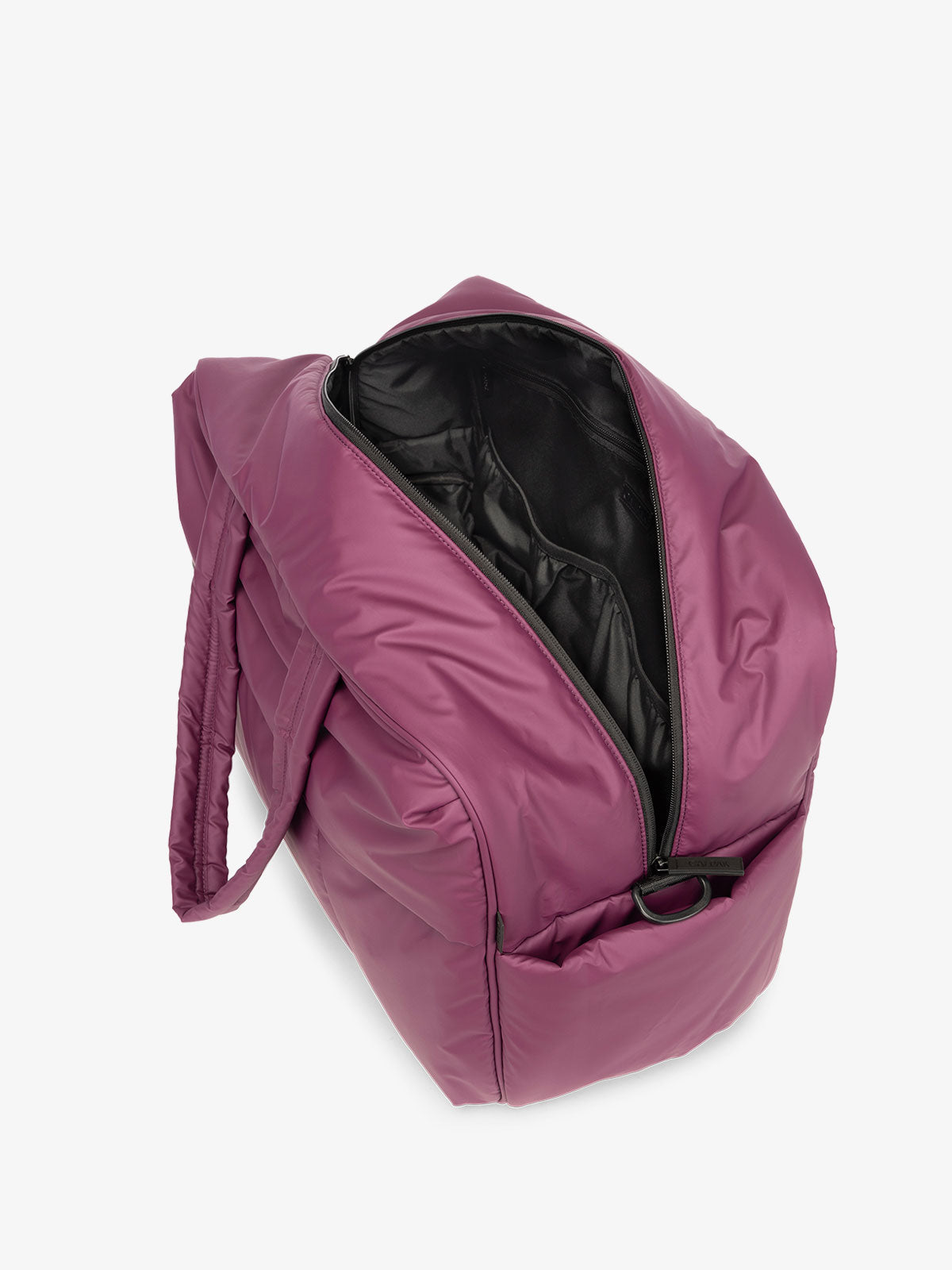 CALPAK water resistant Luka large duffel with multiple pockets and top handles in plum purple; DLL2201-PLUM