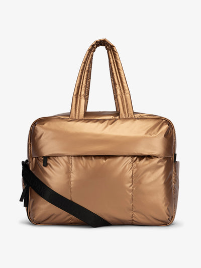 CALPAK Luka large duffle bag with detachable strap and zippered front pocket in metallic brown; DLL2201-COPPER