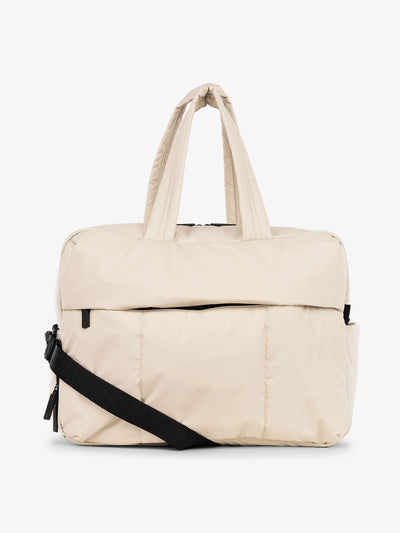 CALPAK Luka large duffle bag with detachable strap and zippered front pocket in oatmeal; DLL2201-OATMEAL