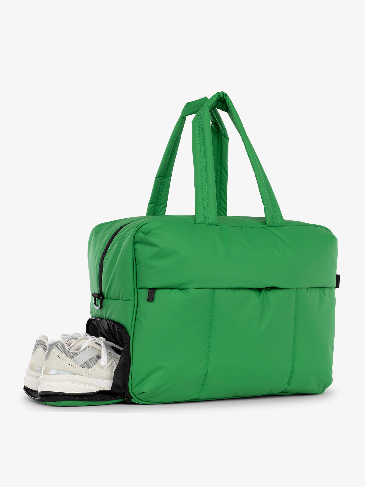 CALPAK Luka large duffel bag with side shoe compartment and dual handles in green apple; DLL2201-GREEN-APPLE