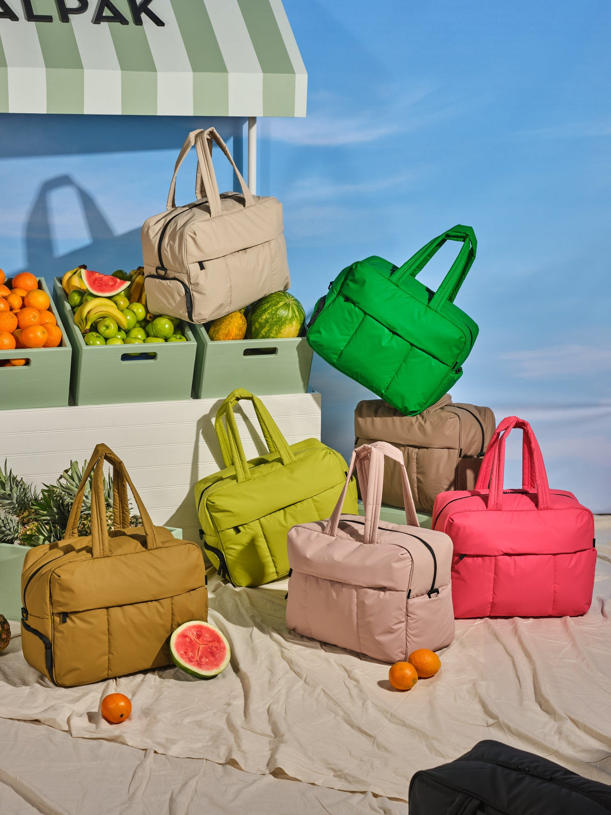 CALPAK Luka large duffle bags with dual padded straps and zippered front pocket in khaki, green, pink, brown and ivory; DLL2201-KHAKI