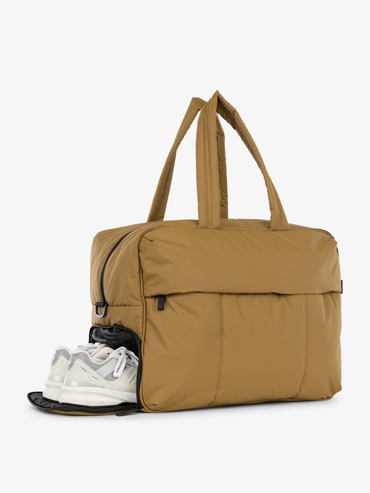 CALPAK Luka large duffel bag with side shoe compartment and dual handles in khaki tan