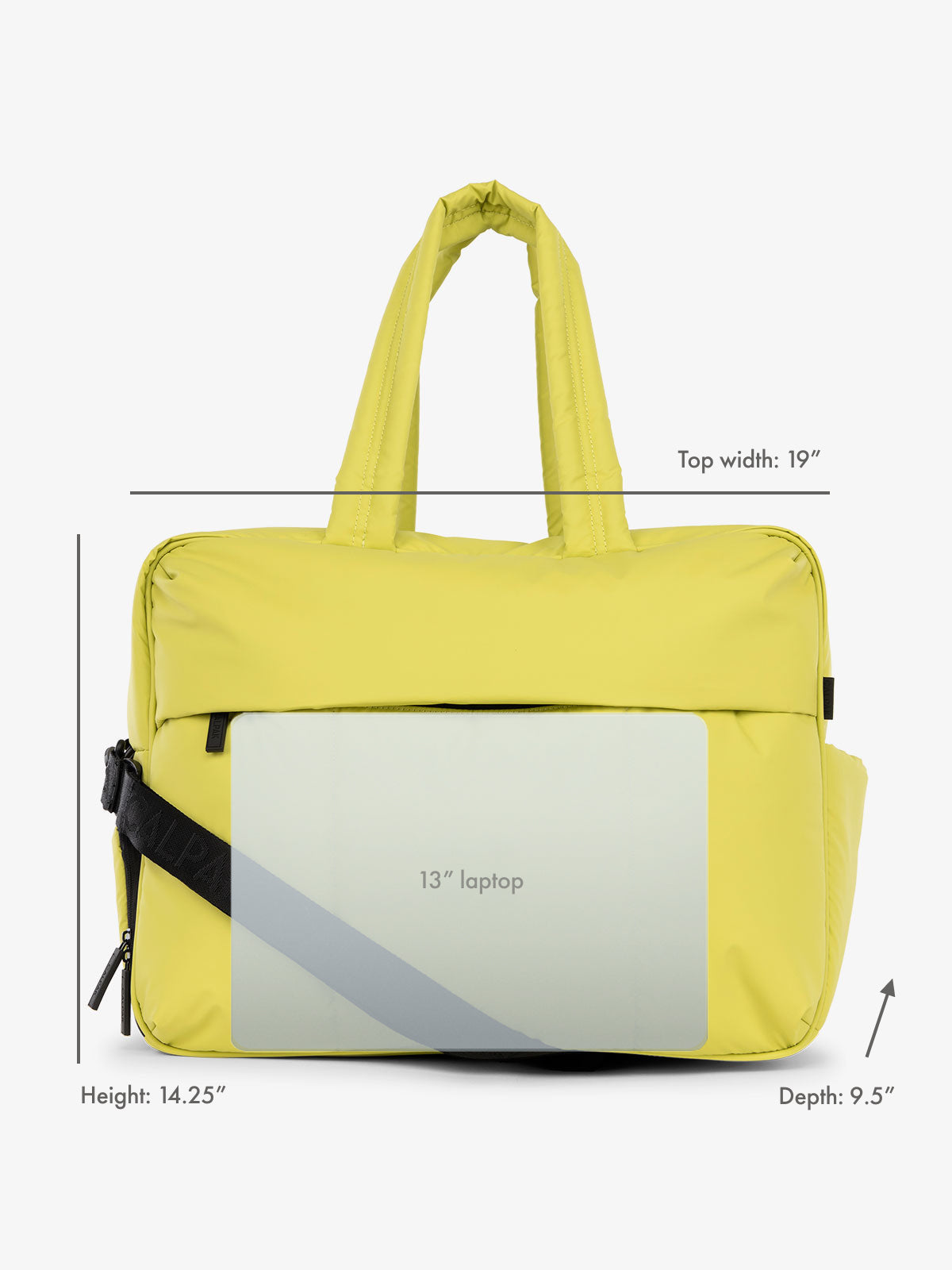 13" laptop overlay for size reference on CALPAK Luka Large Duffel in green celery; DLL2201-CELERY