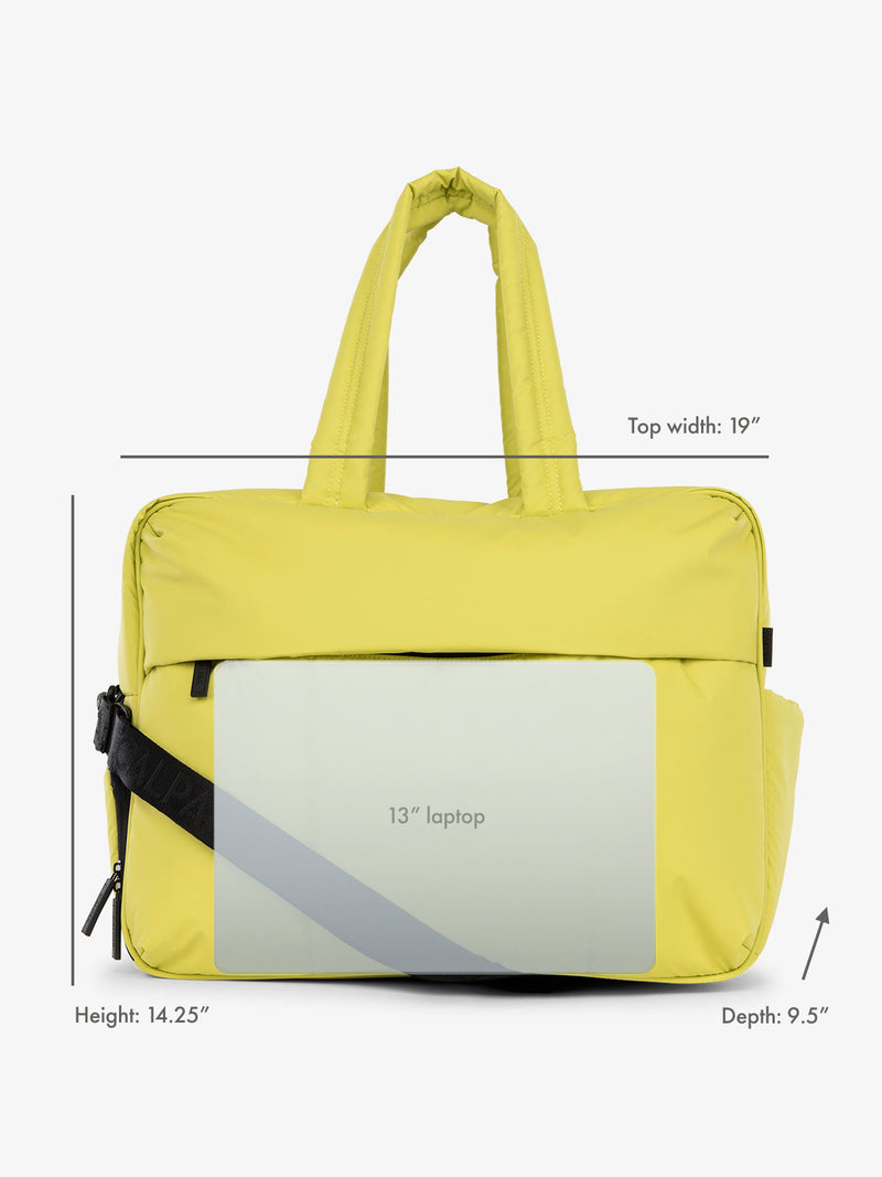 13" laptop overlay for size reference on CALPAK Luka Large Duffel in green celery