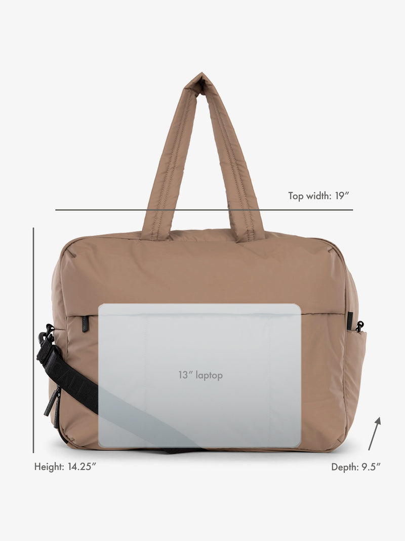 13" laptop overlay for size reference on CALPAK Luka Large Duffel in brown chocolate