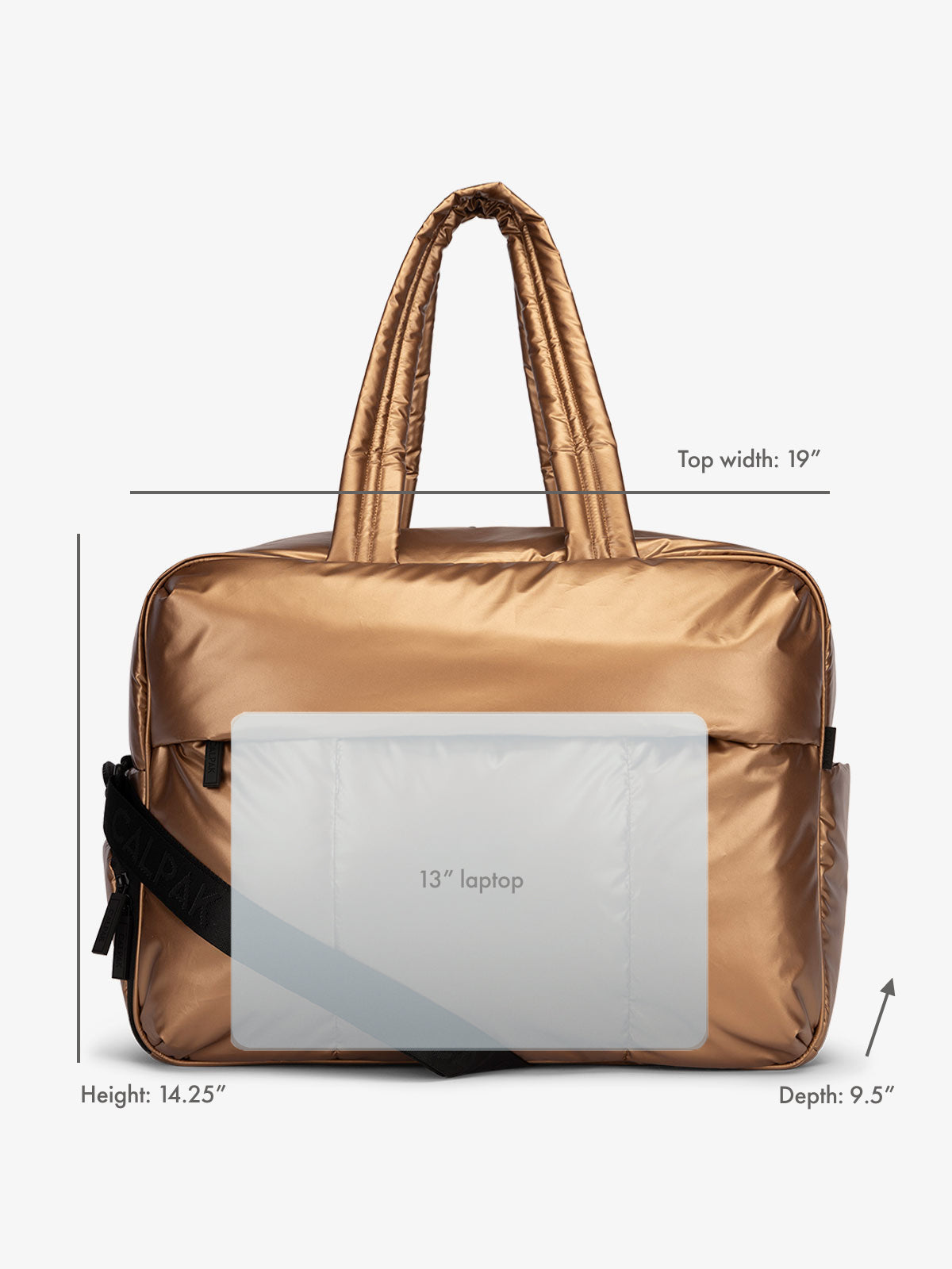 13" laptop overlay for size reference on CALPAK Luka Large Duffel in copper; DLL2201-COPPER