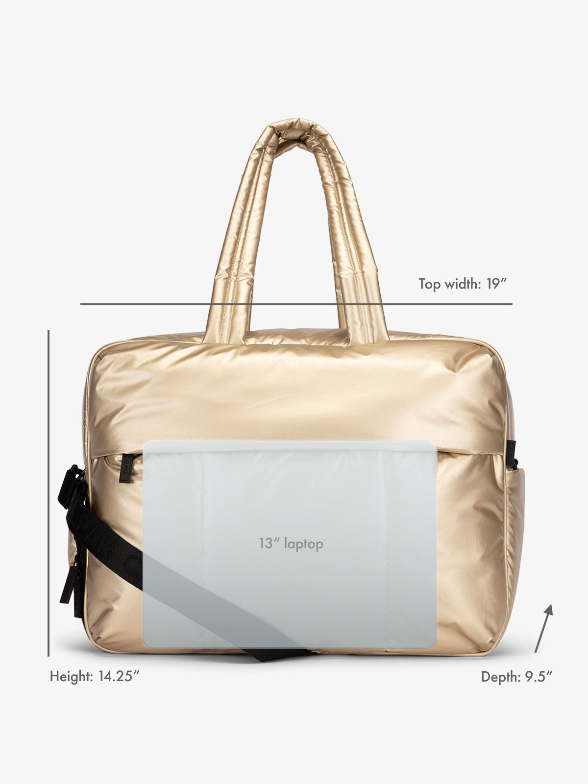 13" laptop overlay for size reference on CALPAK Luka Large Duffel in gold; DLL2201-GOLD