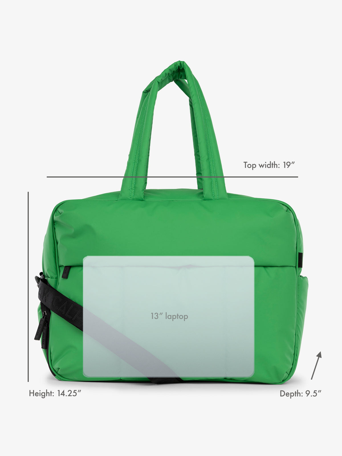 13" laptop overlay for size reference on CALPAK Luka Large Duffel in green apple; DLL2201-GREEN-APPLE