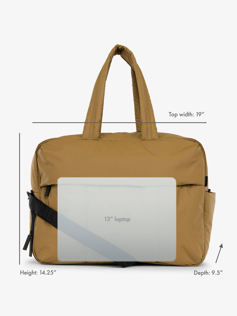 13" laptop overlay for size reference on CALPAK Luka Large Duffel in khaki