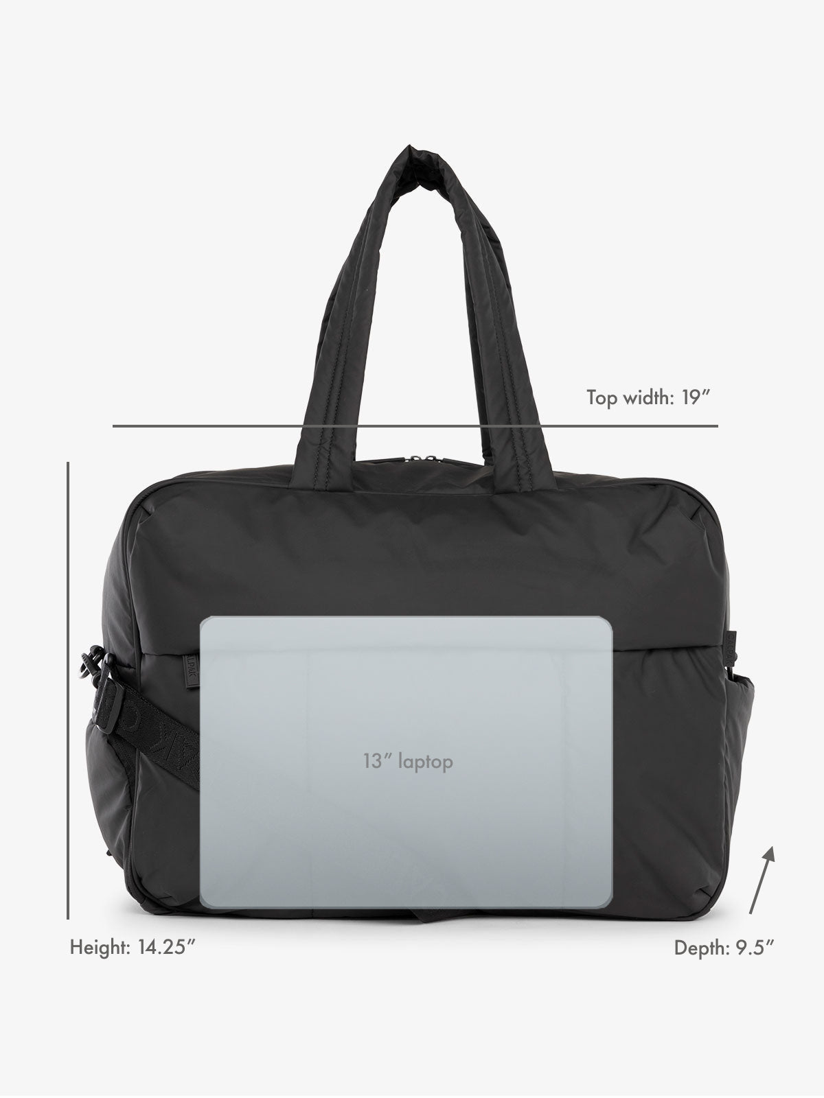 13" laptop overlay for size reference on CALPAK Luka Large Duffel in matte black; DLL2201-MATTE-BLACK