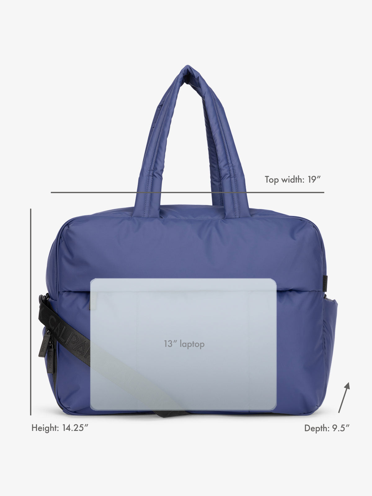 13" laptop overlay for size reference on CALPAK Luka Large Duffel in navy blue; DLL2201-NAVY