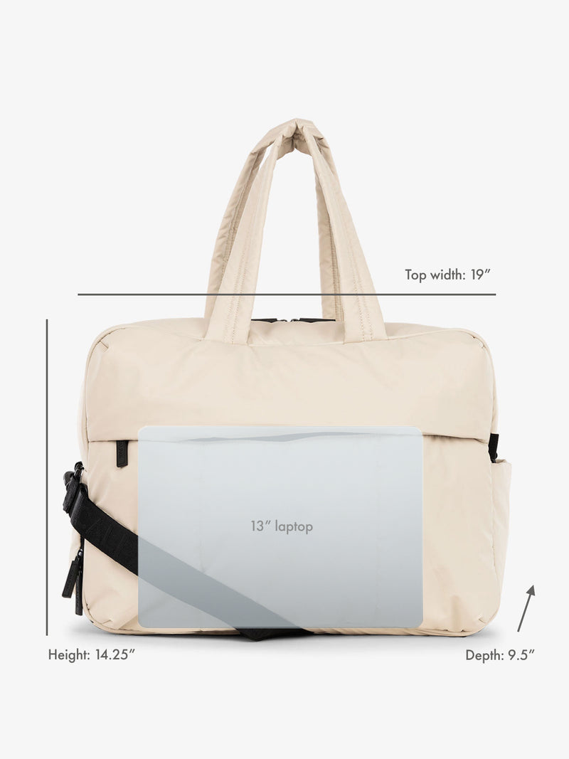 13" laptop overlay for size reference on CALPAK Luka Large Duffel in beige oatmeal