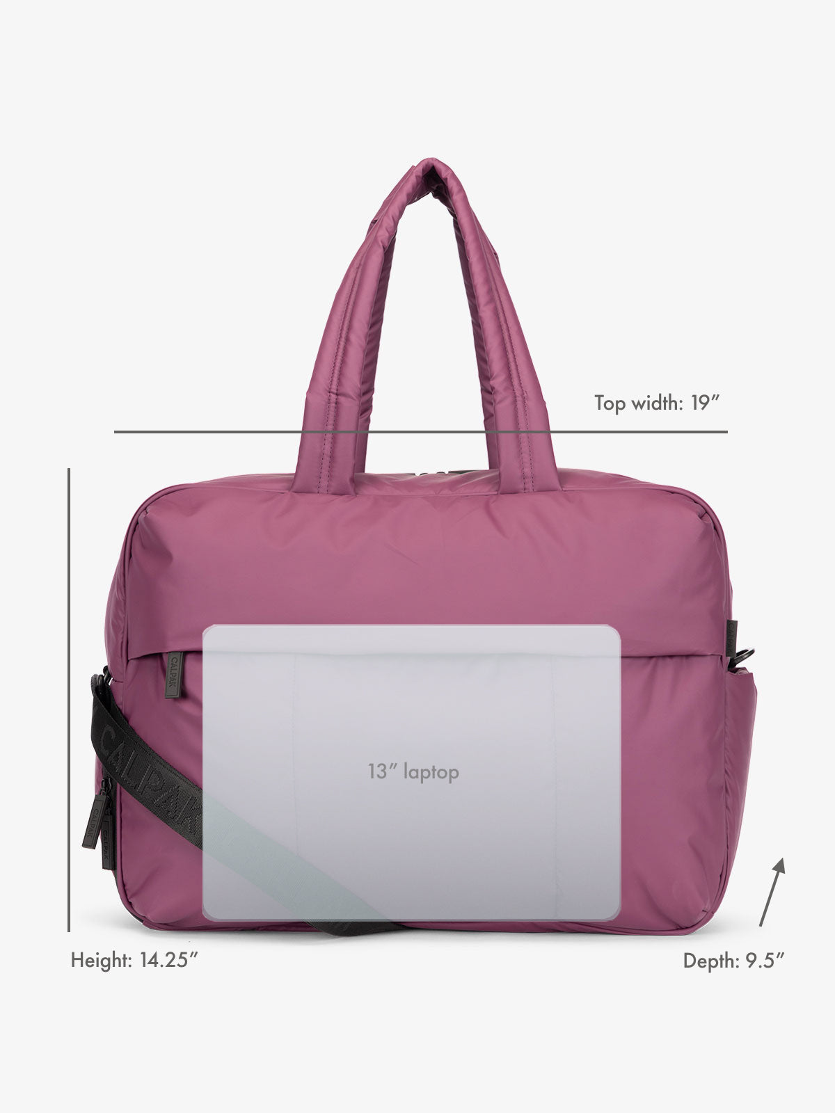 13" laptop overlay for size reference on CALPAK Luka Large Duffel in purple plum; DLL2201-PLUM