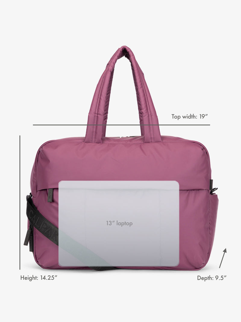 13" laptop overlay for size reference on CALPAK Luka Large Duffel in purple plum