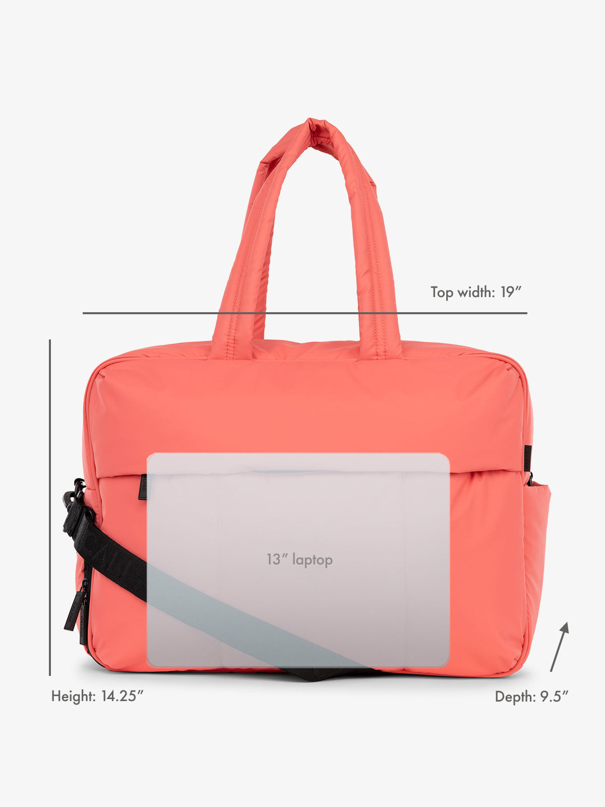 13" laptop overlay for size reference on CALPAK Luka Large Duffel in watermelon; DLL2201-WATERMELON