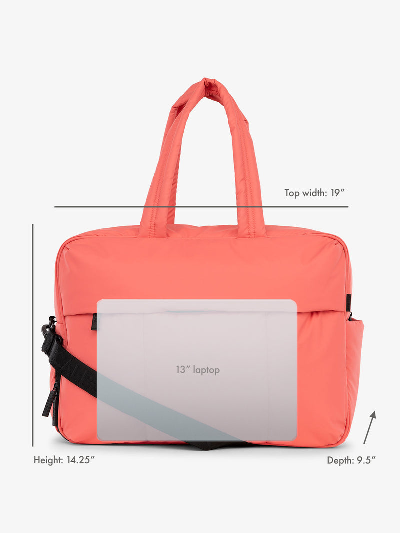 13" laptop overlay for size reference on CALPAK Luka Large Duffel in watermelon