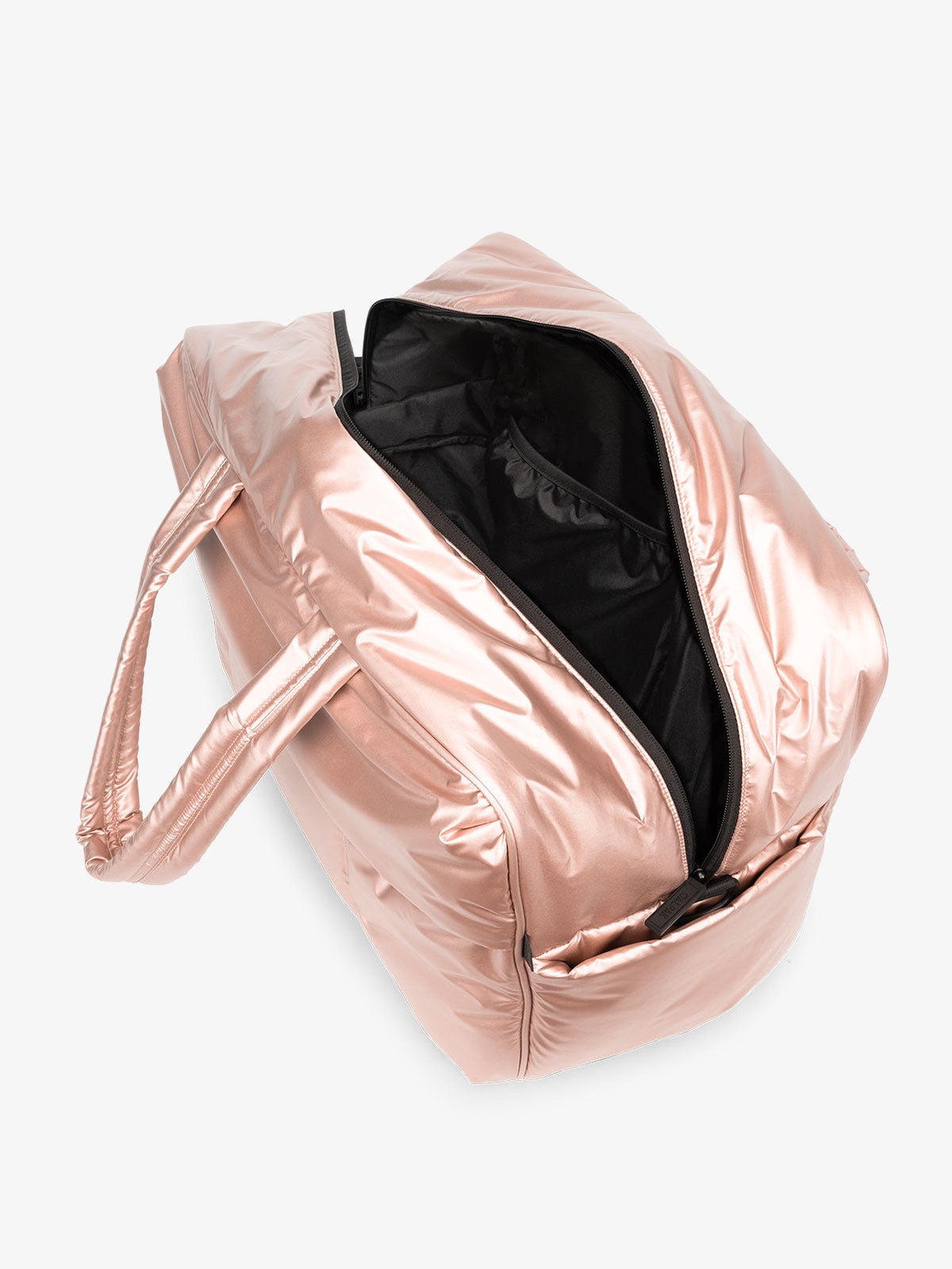 CALPAK water resistant Luka large duffel with multiple pockets and top handles in shiny rose gold; DLL2201-ROSE-GOLD