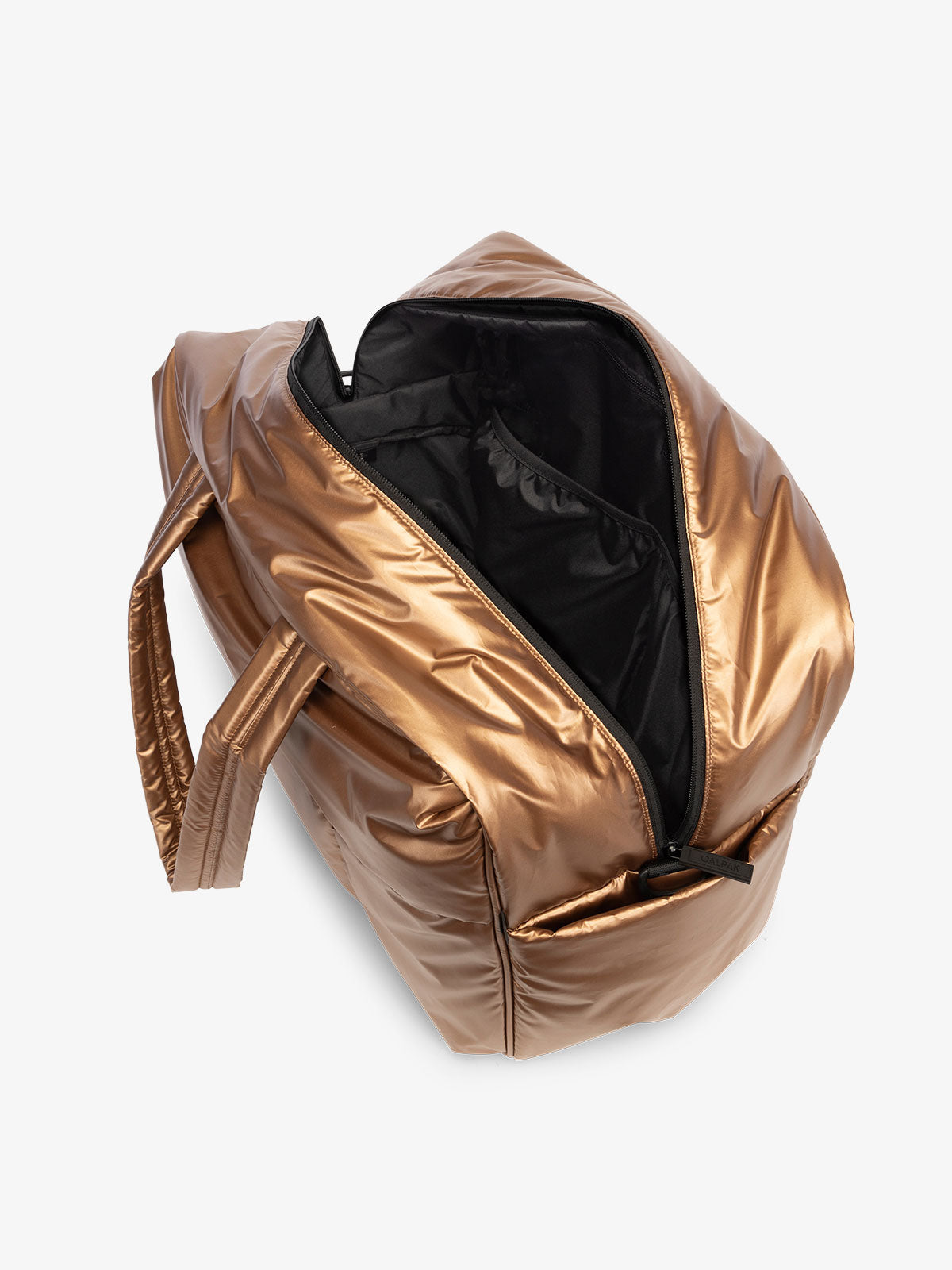 CALPAK water resistant Luka large duffel with multiple pockets and top handles in metallic copper; DLL2201-COPPER
