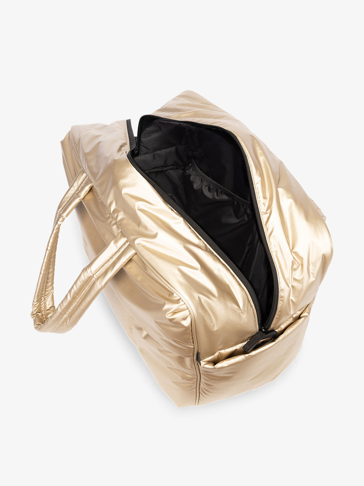CALPAK water resistant Luka large duffel with multiple pockets and top handles in shiny gold; DLL2201-GOLD