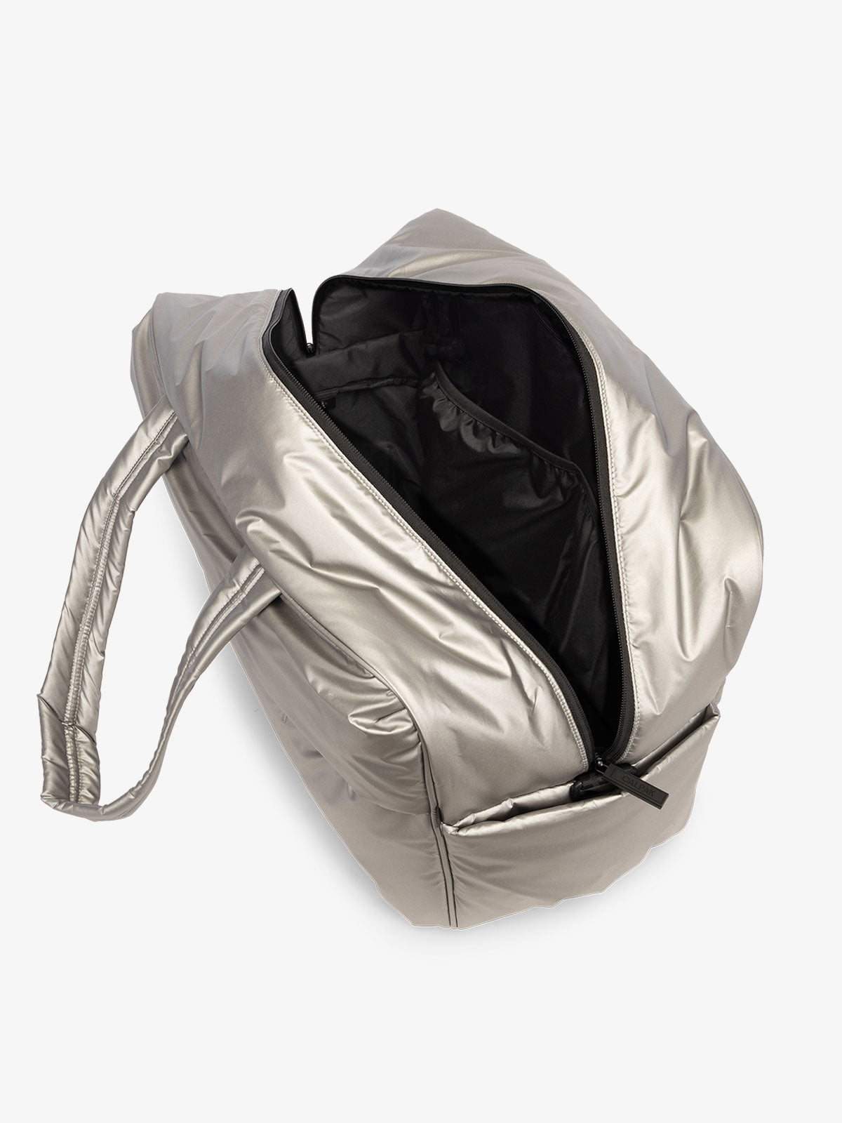 CALPAK water resistant Luka large duffel with multiple pockets and top handles in metallic gray; DLL2201-GUNMETAL