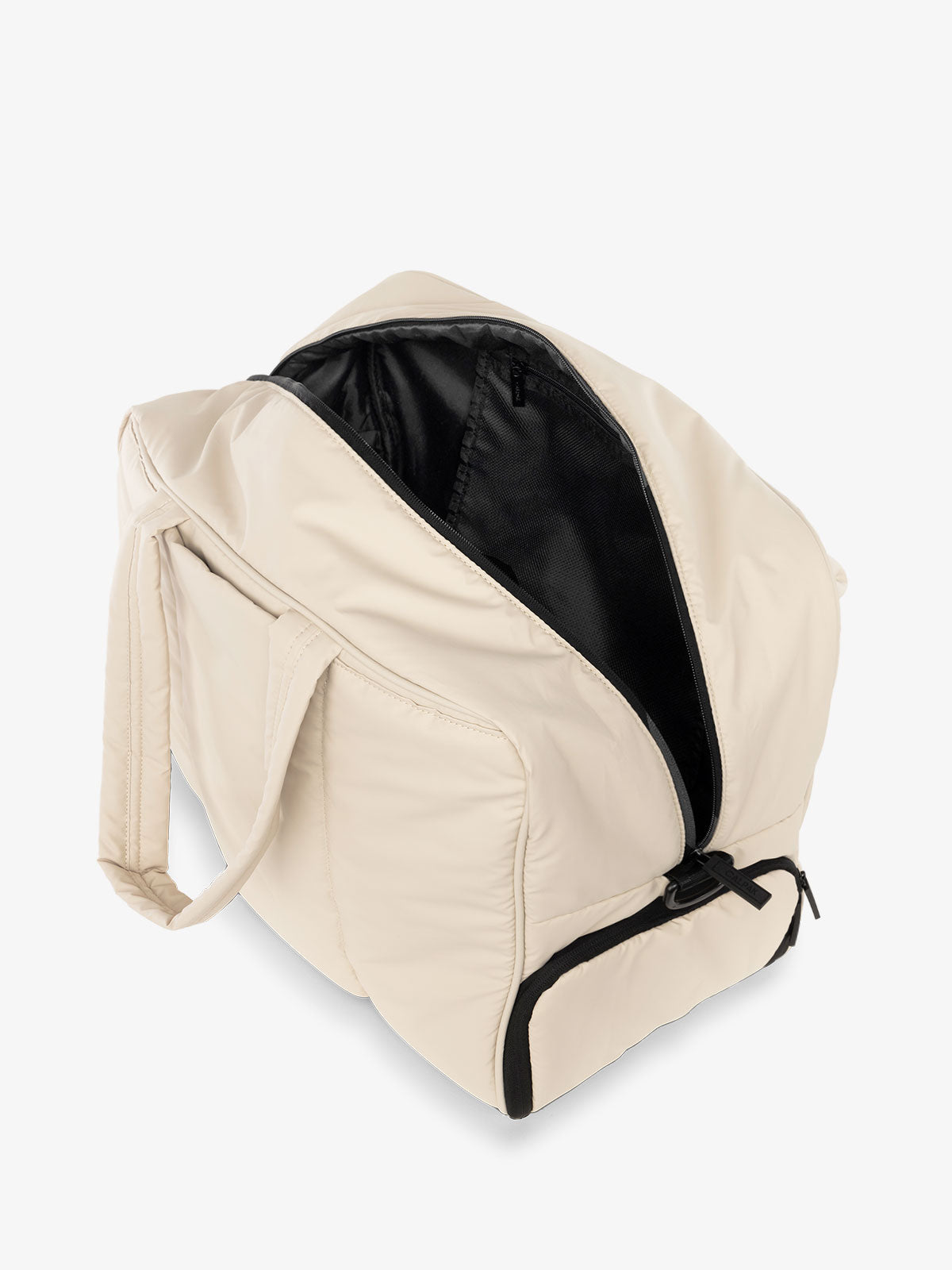 CALPAK water resistant Luka large duffel with multiple pockets and top handles in ivory; DLL2201-OATMEAL