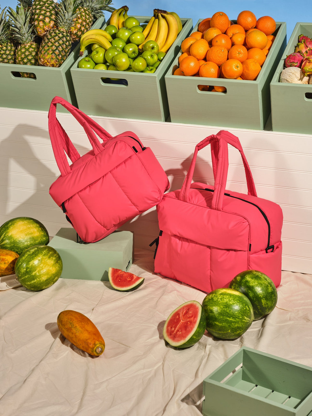 CALPAK Luka large duffle bag and Luka duffel with padded dual handles and zippered front pocket in watermelon pink; DLL2201-WATERMELON
