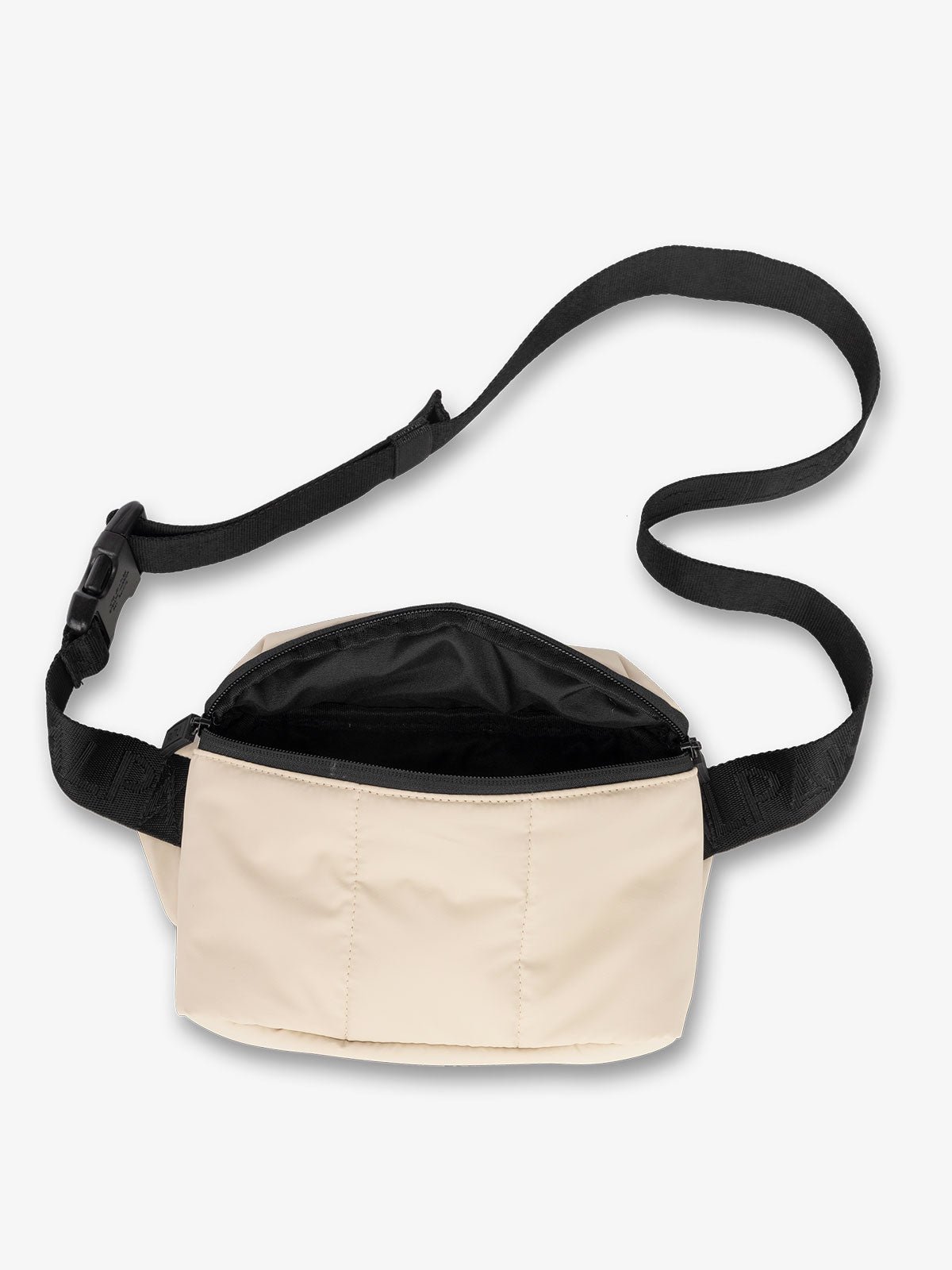 CALPAK Luka mini crossbody fanny pack with soft water-resistant exterior and adjustable strap in oatmeal