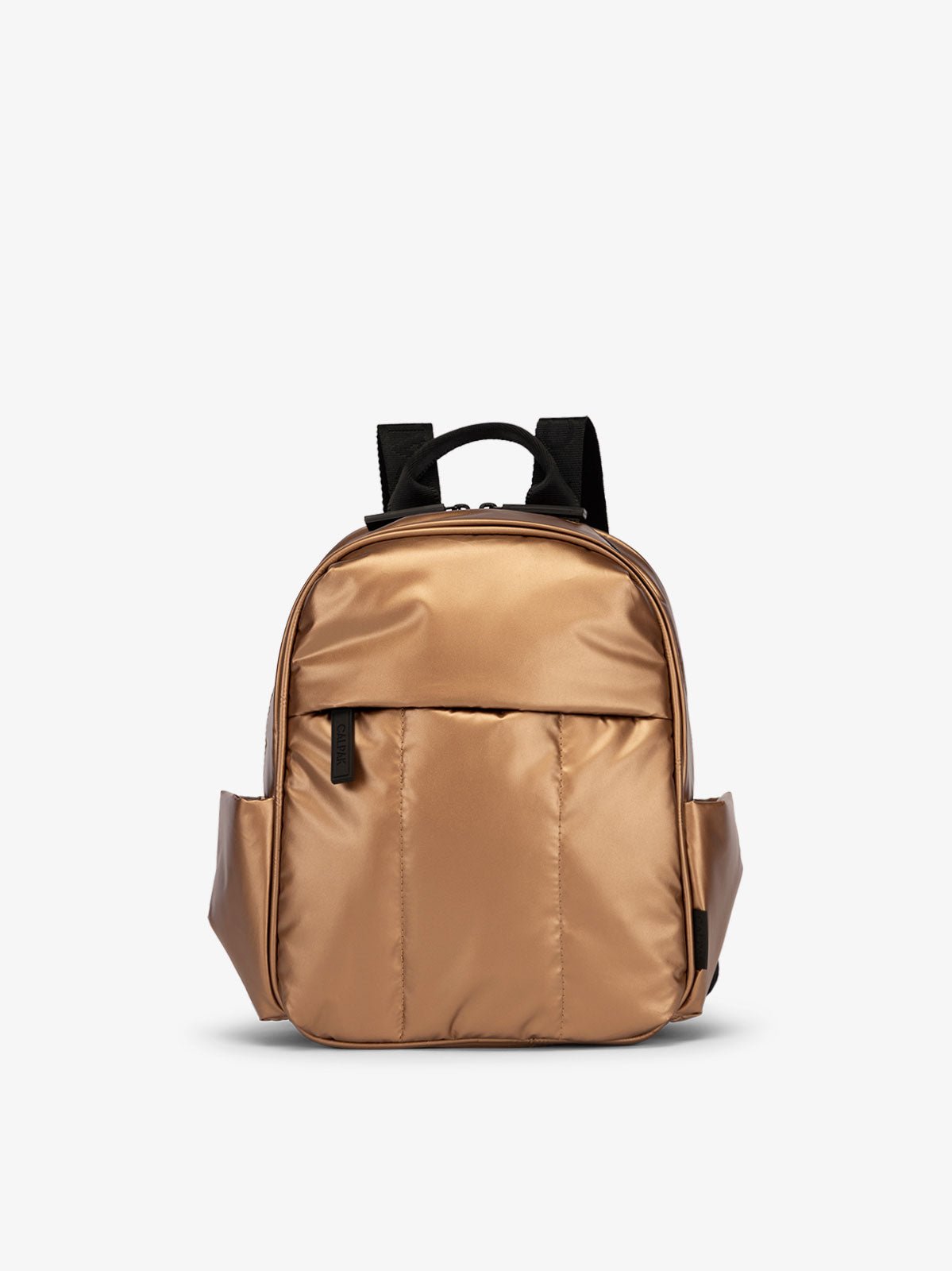 CALPAK Luka Mini Backpack with soft puffy exterior and front zippered pocket in metallic copper