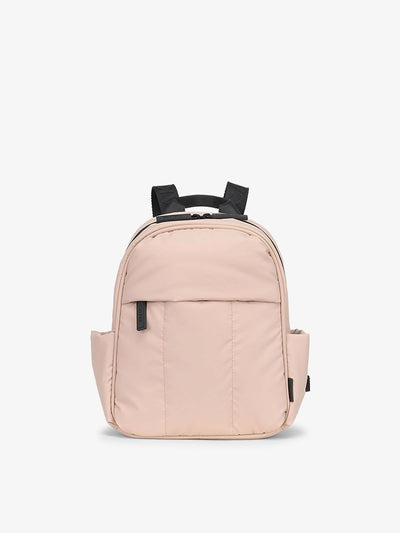 CALPAK Luka Mini travel Backpack with soft puffy exterior and front pocket in pink; BPM2201-ROSE-QUARTZ
