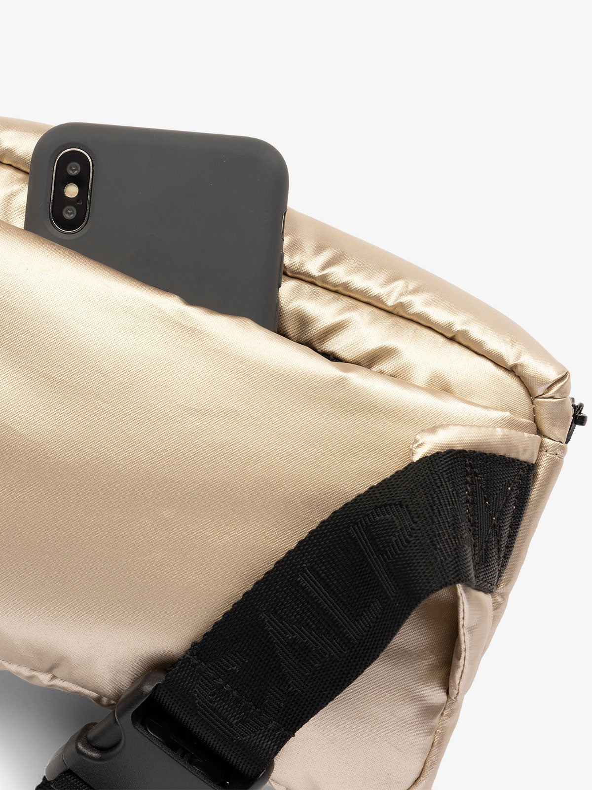 CALPAK Luka small waist bag with adjustable strap and back pocket in shiny gold; BBM2201-GOLD