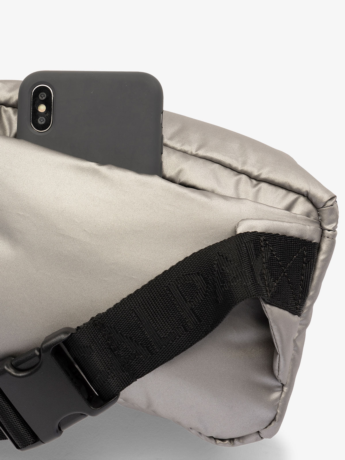CALPAK Luka small waist bag with adjustable strap and back pocket in metallic gray; BBM2201-GUNMETAL