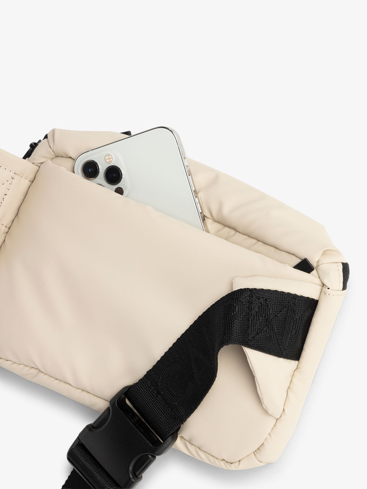 CALPAK Luka waist bag with adjustable strap and back pocket in oatmeal; BBM2201-OATMEAL