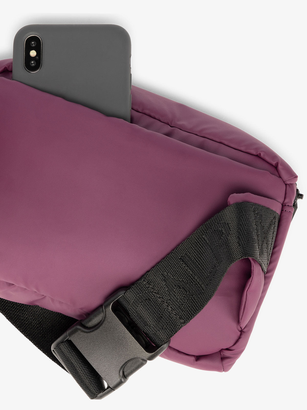 CALPAK Luka small waist bag with adjustable strap and back pocket in purple; BBM2201-PLUM