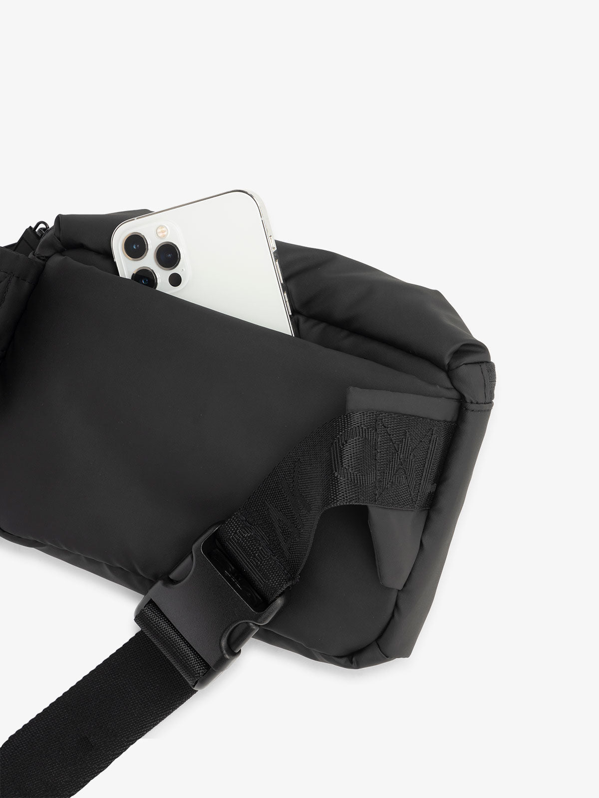 CALPAK Luka everyday small Belt Bag with adjustable strap and hidden back pocket in black; BBM2201-MATTE-BLACK