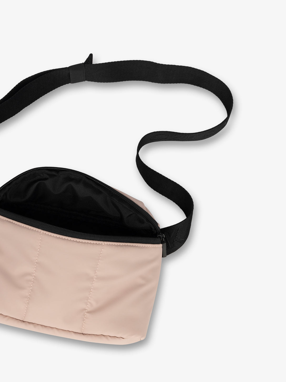 CALPAK Luka mini crossbody fanny pack with soft water-resistant exterior and adjustable strap in rose quartz; BBM2201-ROSE-QUARTZ