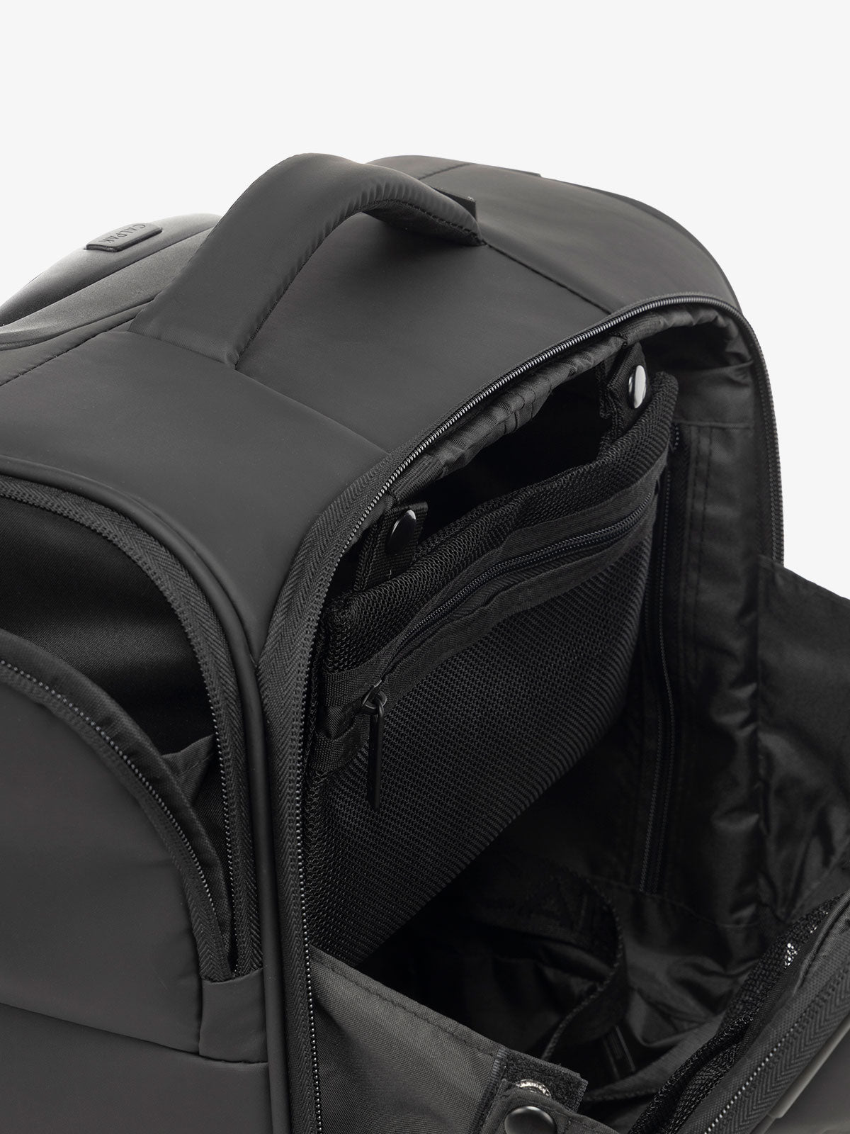 CALPAK Luka mini soft sided luggage interior pockets and top handle in black; LSM1014-MATTE-BLACK