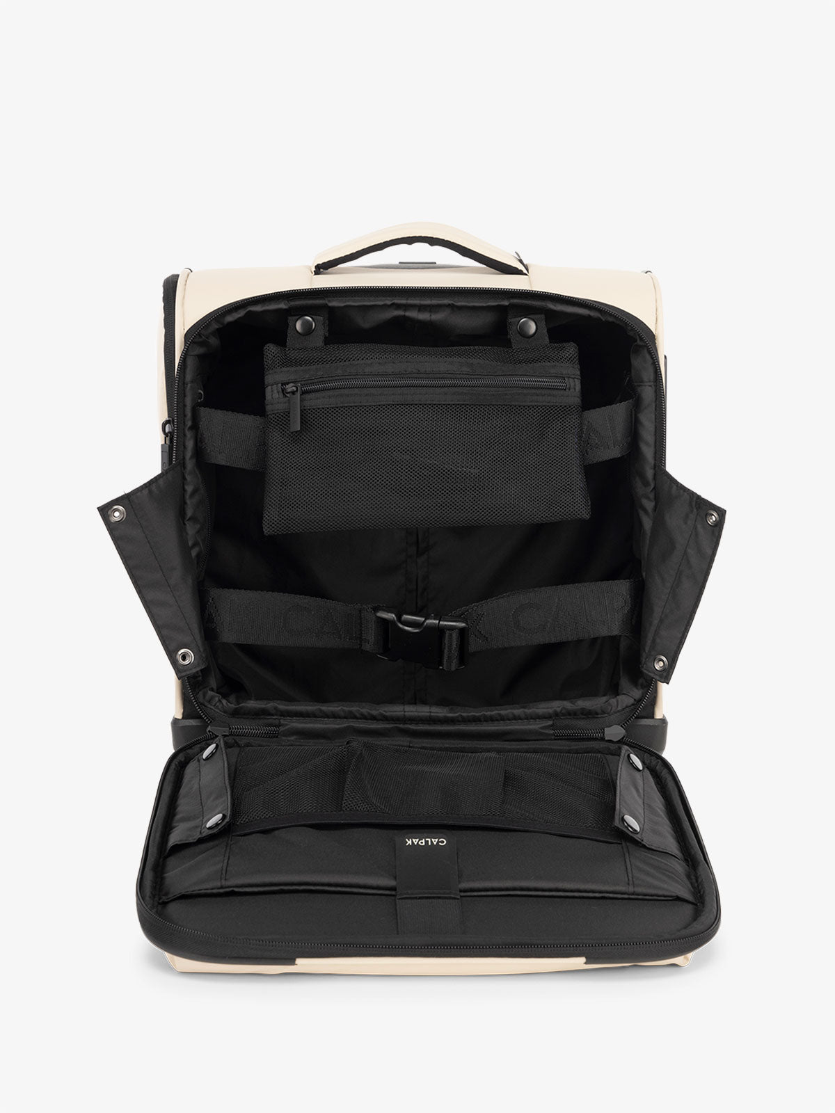 CALPAK Luka mini soft sided carry-on suitcase with laptop compartment and multiple interior pockets in oatmeal; LSM1014-OATMEAL