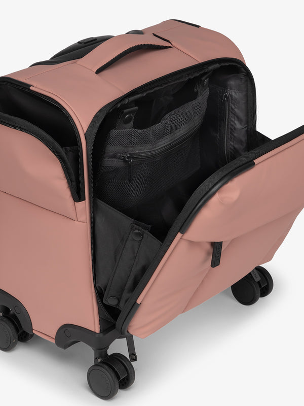 CALPAK Luka mini soft sided luggage interior pockets and top handle in dark pink peony