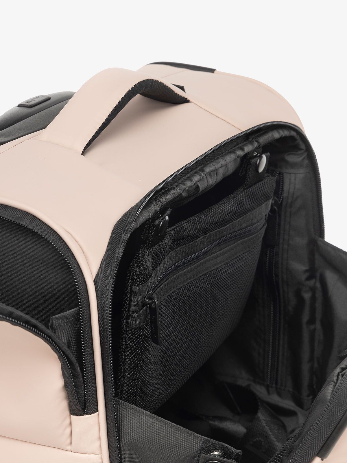 CALPAK Luka mini soft sided luggage interior pockets and top handle in light pink; LSM1014-ROSE-QUARTZ