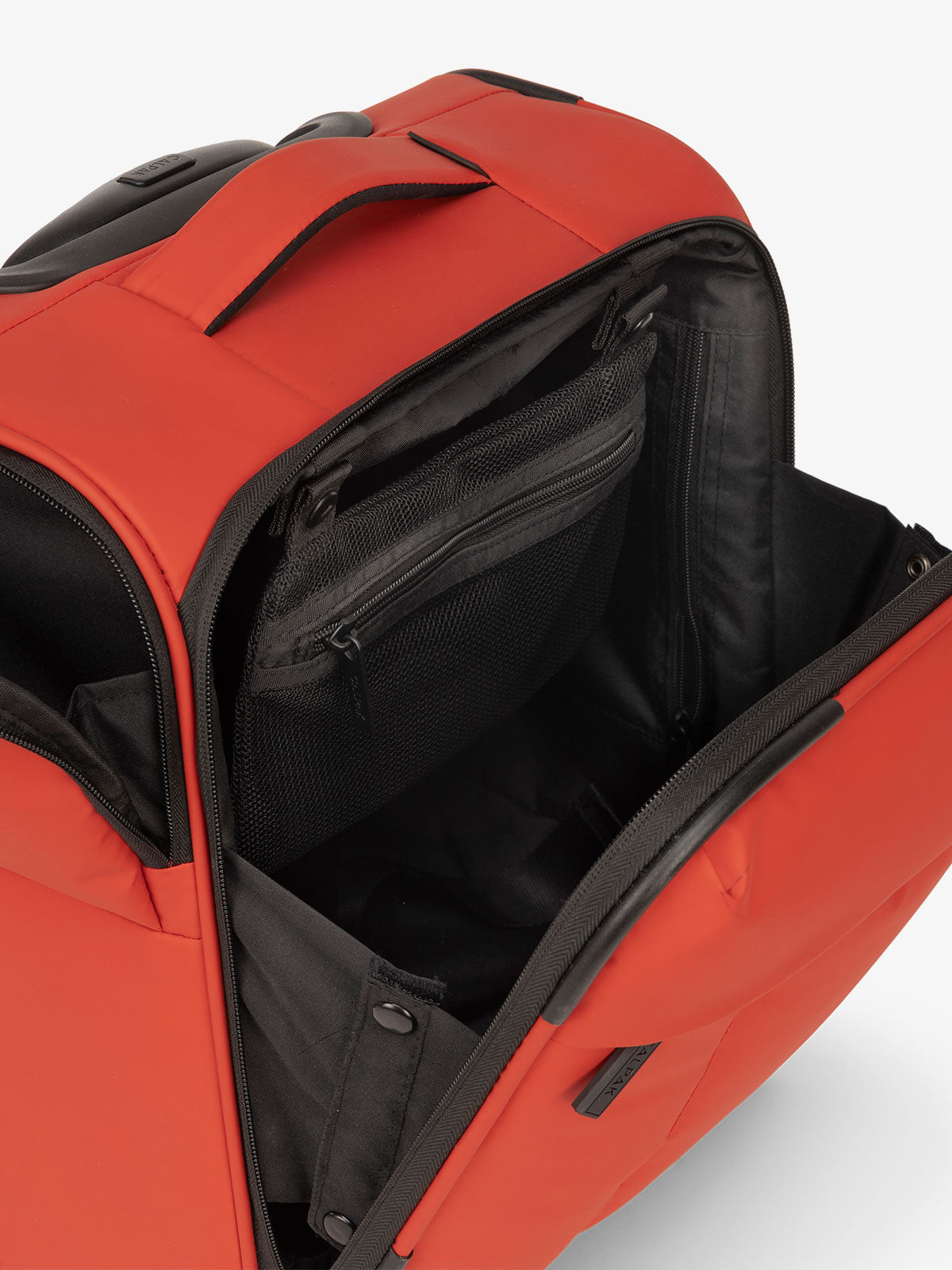 CALPAK Luka mini soft sided luggage interior pockets and top handle in red; LSM1014-ROUGE