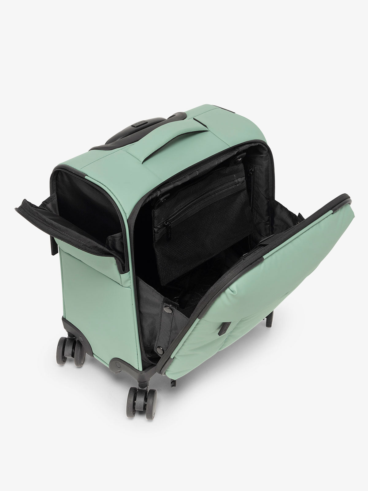 CALPAK Luka mini soft sided luggage interior pockets and top handle in green sage; LSM1014-SAGE