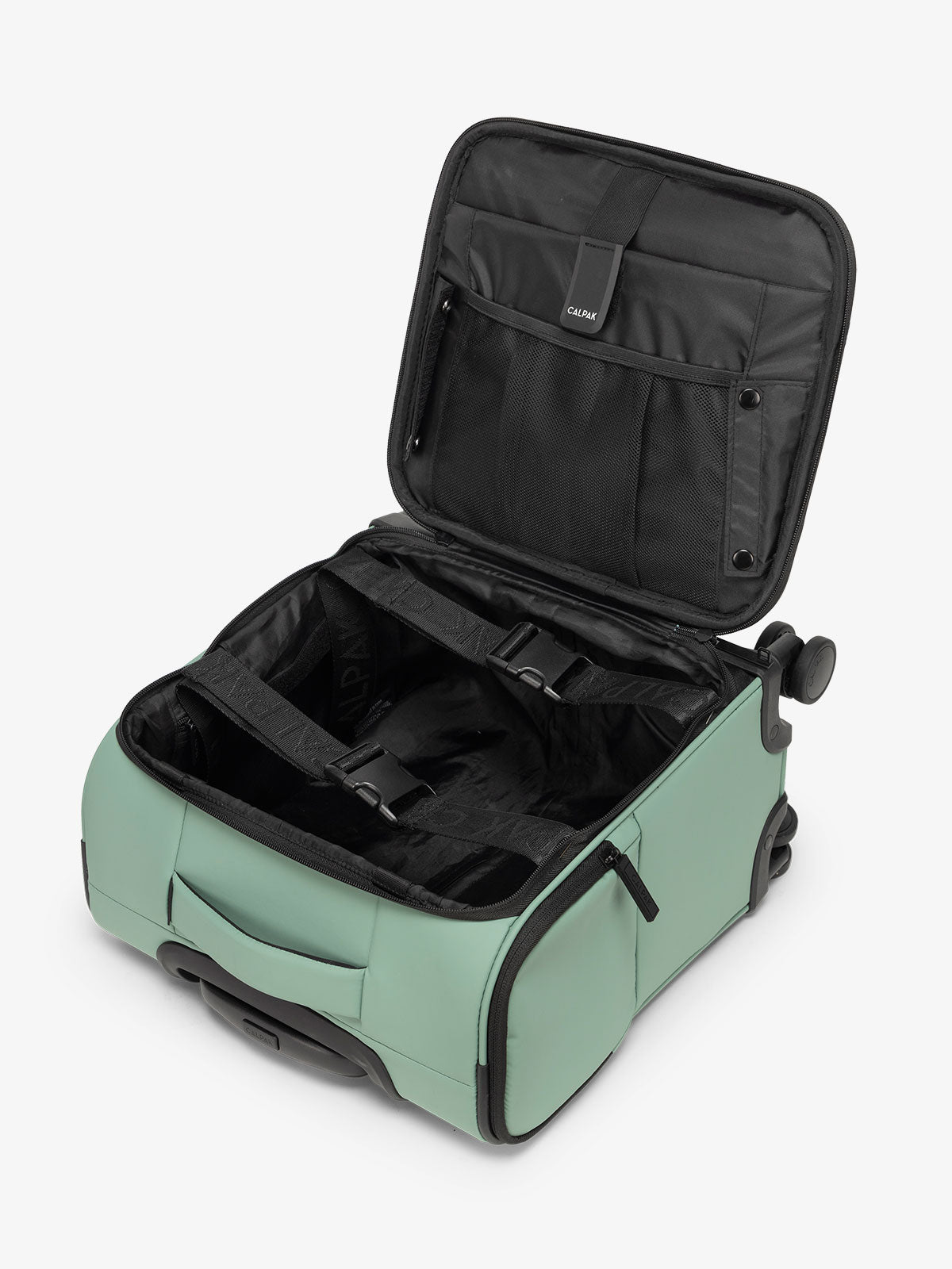 CALPAK Luka mini soft sided carry-on suitcase with laptop compartment and multiple interior pockets in green; LSM1014-SAGE