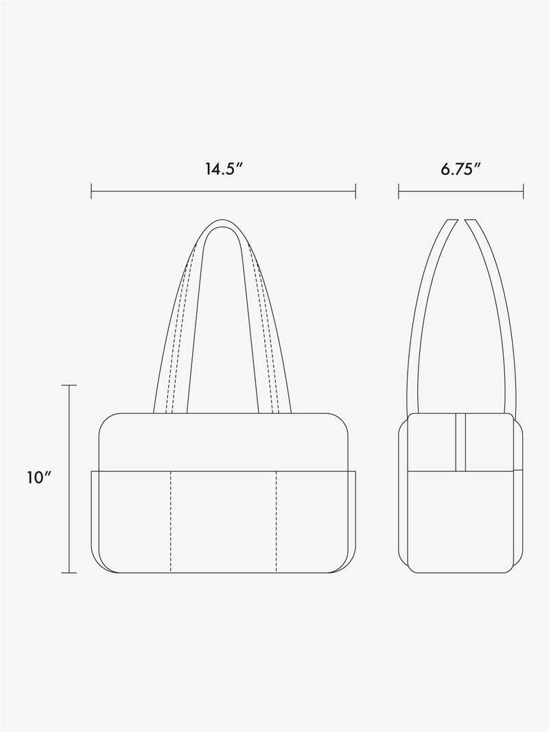 line diagram of the Luka Mini Duffel showing measurements of 14.5" x 10" x 6.75"