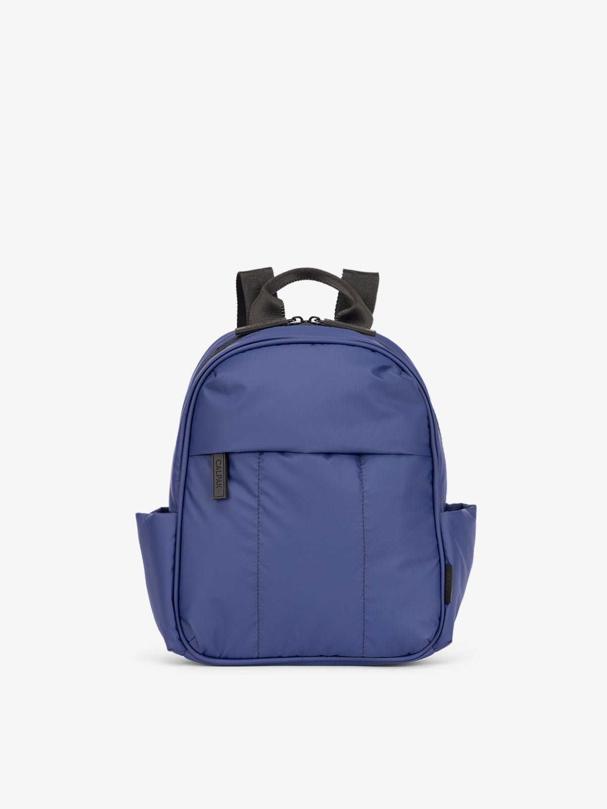 CALPAK Luka Mini Backpack with soft puffy exterior and front zippered pocket in navy blue