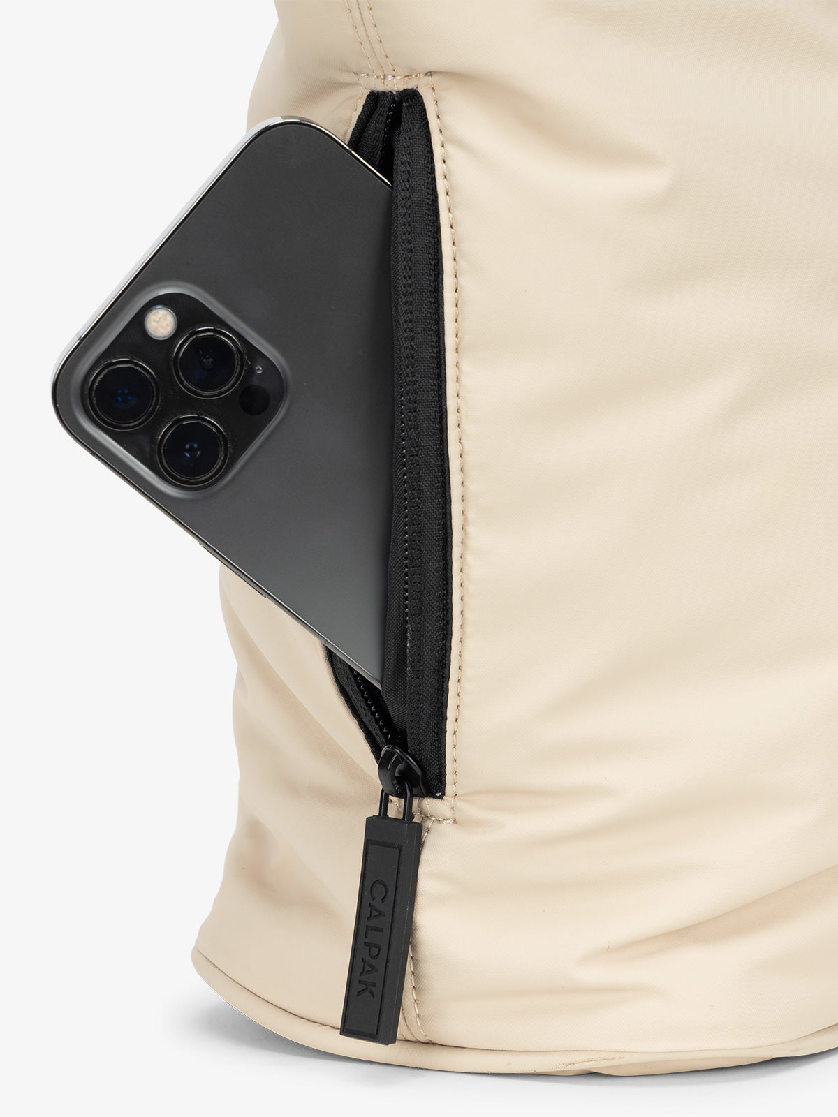 Oatmeal beige CALPAK Mini Tote with 2 exterior phone pockets; ALM2401-OATMEAL