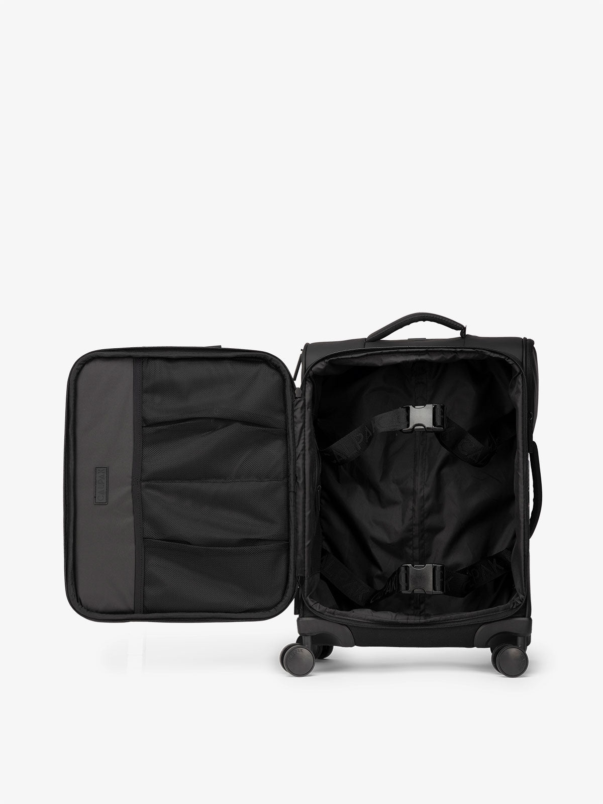 CALPAK Luka soft sided carry on luggage interior with multiple pockets and compression straps in matte black; LSM1020-MATTE-BLACK