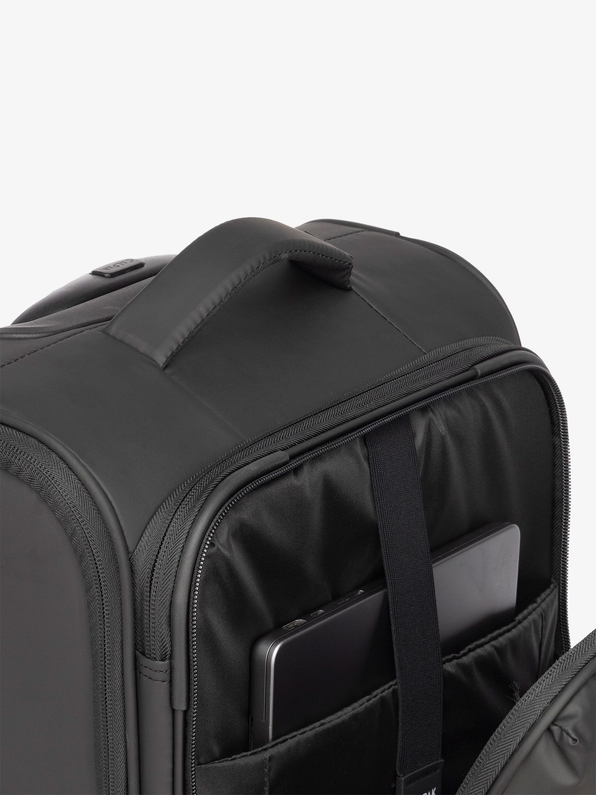 CALPAK Luka soft sided carry on luggage with top handle and padded laptop compartment in black; LSM1020-MATTE-BLACK