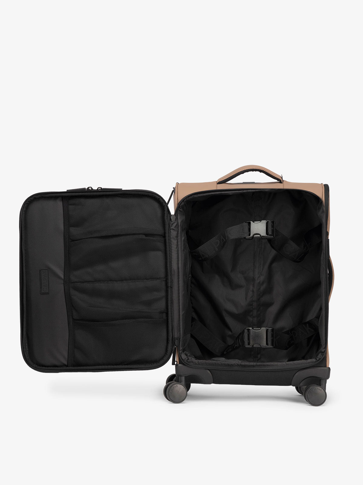 CALPAK Luka soft sided carry on luggage interior with multiple pockets and compression straps in chocolate brown; LSM1020-CHOCOLATE
